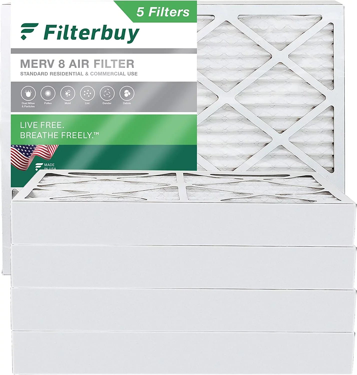 Filterbuy 16x20x4 MERV 8 Pleated HVAC AC Furnace Air Filters (5-Pack)