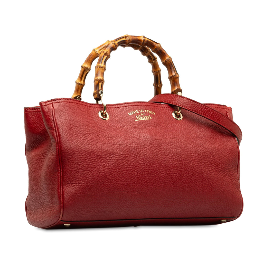 Pre-Owned Authenticated Gucci Medium Bamboo Sizehopper Calf Leather Red Sizeatchel Unisex (Good)