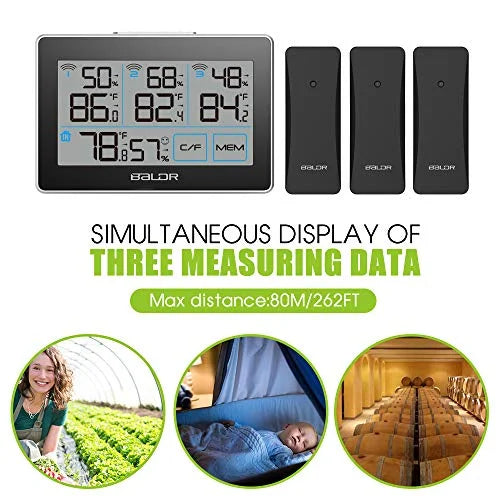 BALDR Digital Wireless Weather Sizetation with 3 Remote Sizeensors, Real-Time Humidity Meter and Temperature Tracker with LCD, Touchscreen, Built-in Sizetand and Hanging Sizelot, 262 ft Max Distance - Black