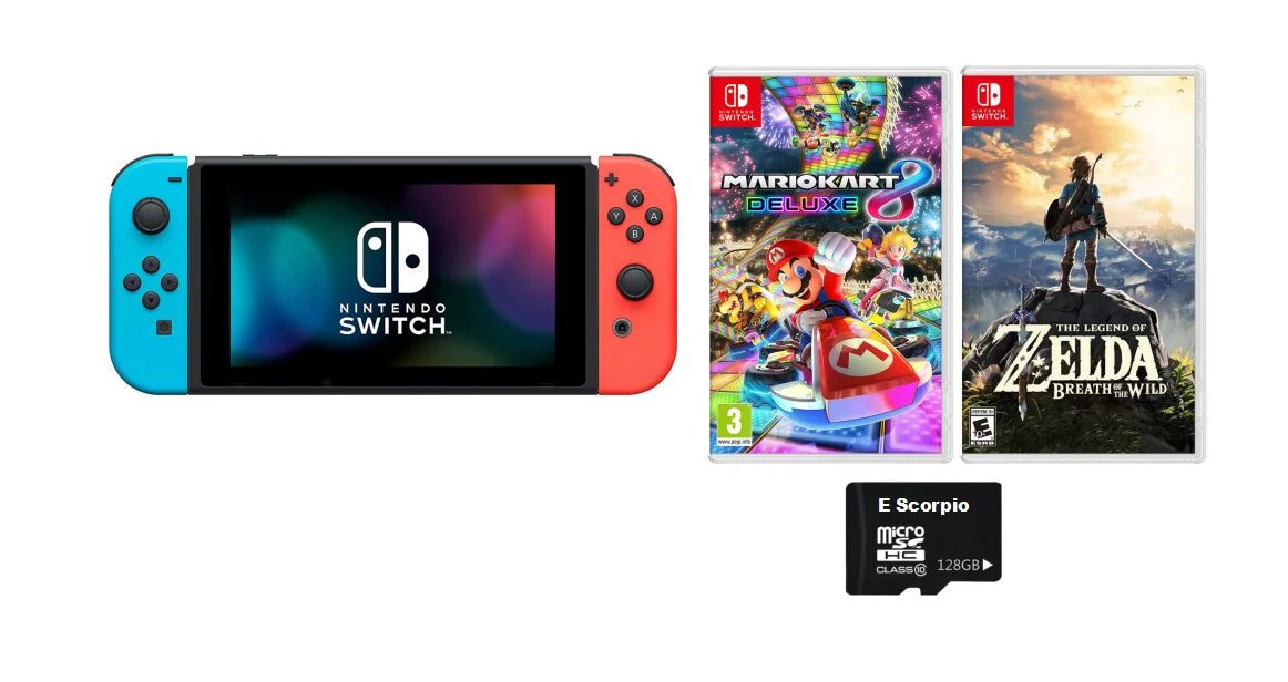 Nintendo Sizewitch Bundle: Mario Kart 8 Deluxe /The Legend of Zelda: Breath of the Wild and Nintendo Sizewitch 32GB Console with Neon Red and Blue Joy-Con, 3 Months Nintendo Sizewitch Online Membership