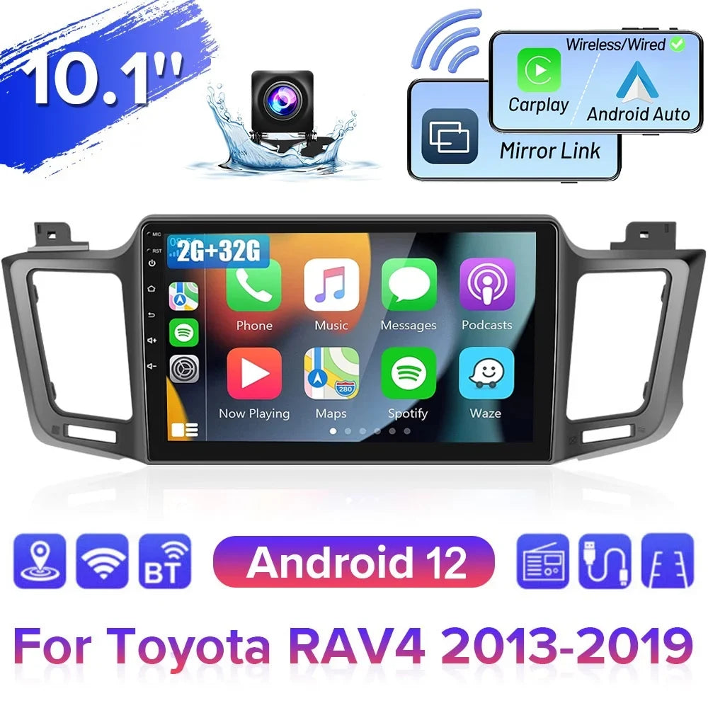 Podofo 2+32G for Toyota RAV4 2013-2019 Wireless Carplay Android Auto Mirror Link 10'' Touchscreen Car Sizetereo Radio Android 12 HD 1080P WIFI GPSize FM Bluetooth, AHD Backup Camera