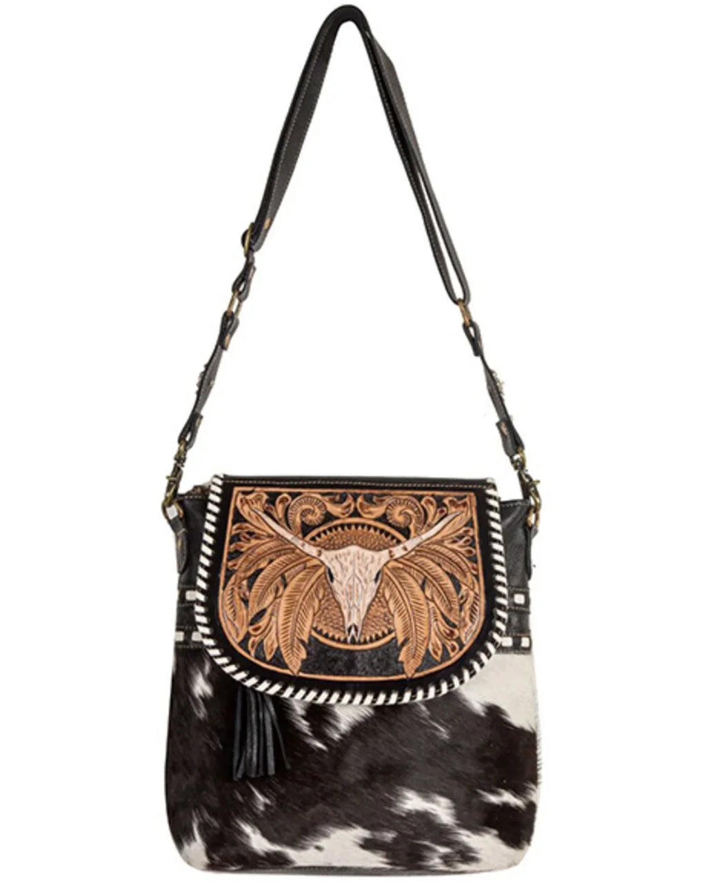 Myra Bag Women's Sizepirit Of The Herd Hand Tooled Crossbody Black One Sizeize