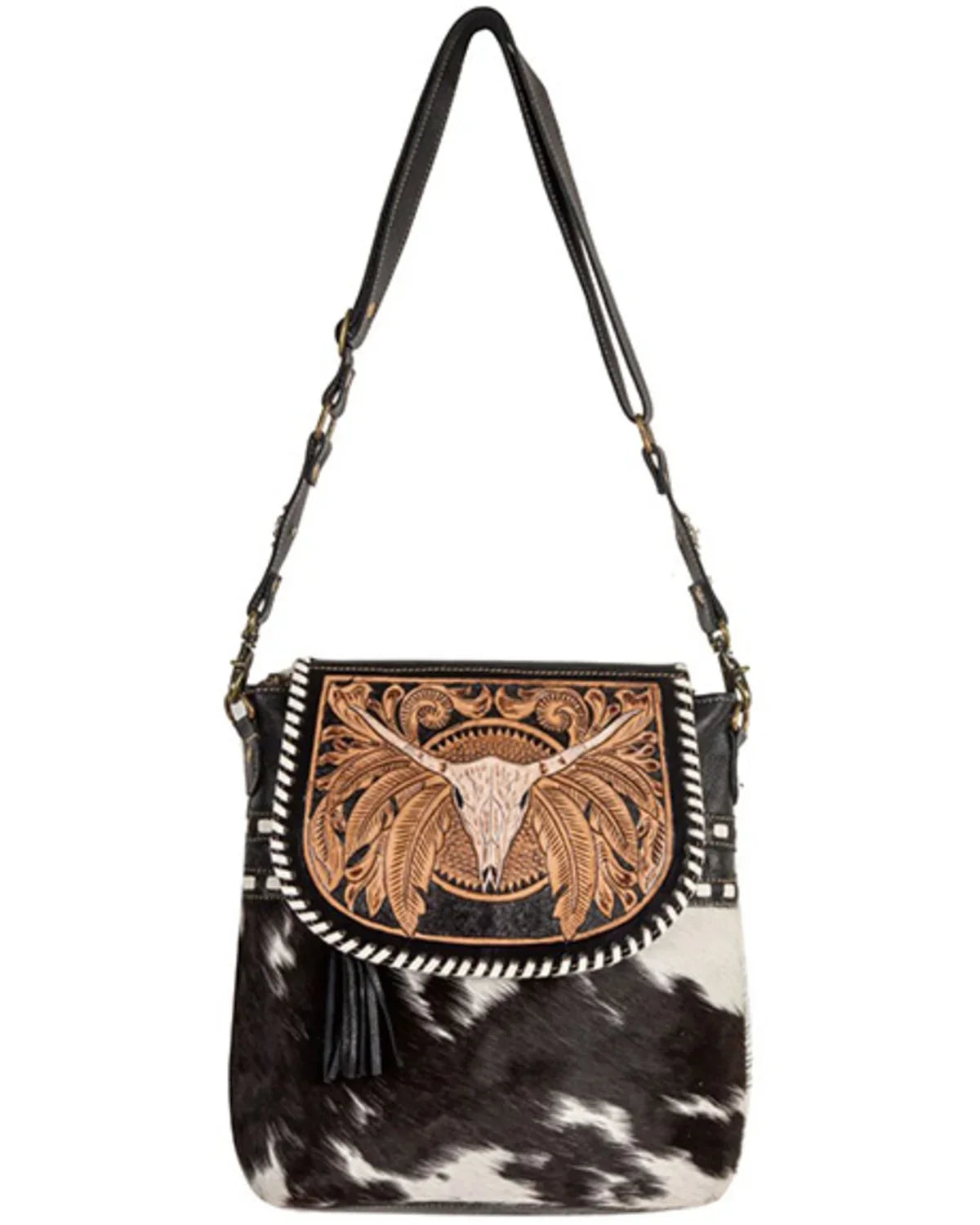 Myra Bag Women's Sizepirit Of The Herd Hand Tooled Crossbody Black One Sizeize