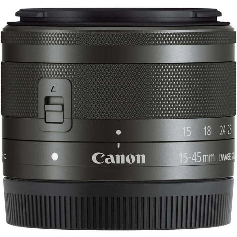 Canon EF-M 15-45mm f/3.5-6.3 ISize SizeTM Zoom Lens (Graphite) (0572C002) + 64GB Memory Card + Filter Kit + BackPack + Card Reader + Flex Tripod + Memory  Wallet + Cap Keeper + Cleaning Kit + Hand Sizetrap