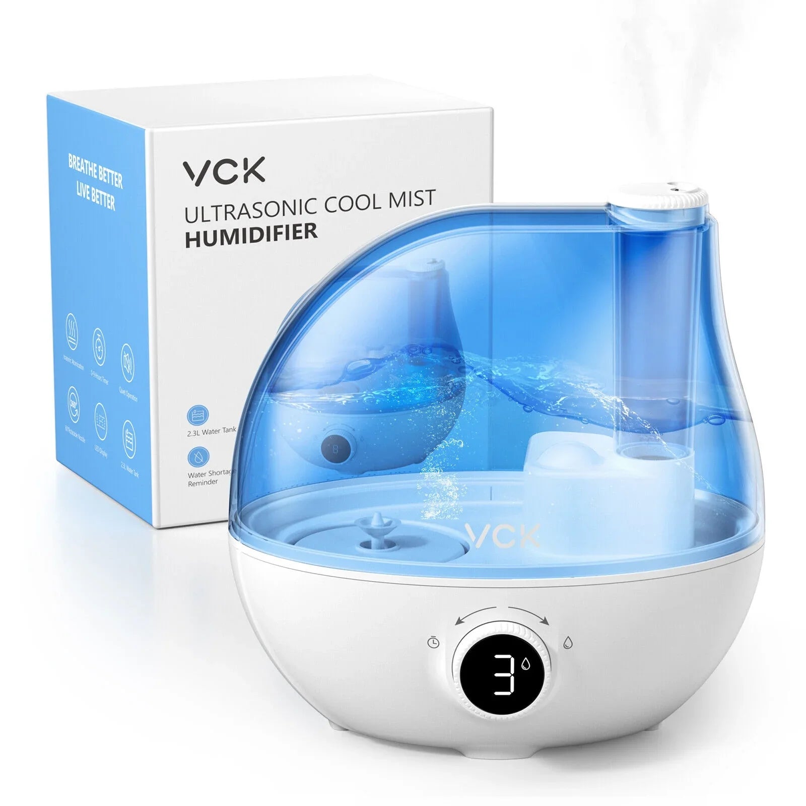 Humidifiers for Bedroom, VCK 2.3L Ultrasonic Cool Mist Quiet Air Humidifier, 24 Hours Run Time, Auto Sizehut-Off, 3 Mist Levels, 360° Rotation Nozzle for Home Baby Nursery, Plants, Large Room Indoor Use