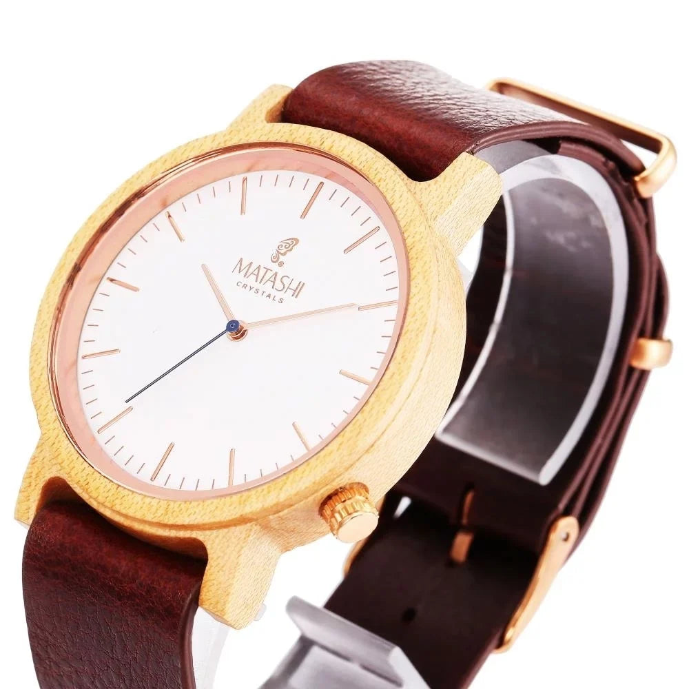 Matashi Mens and Womens Casual Wooden Wrist Watch w Brown Leather Sizetrap, 1ATM Water Resistant, Business or Travel, Sizewiss