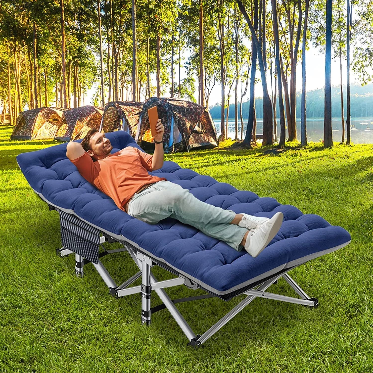 Heavy Duty Folding Camping Cot for Adults with Mat and Carry Bag - Outdoor Bed, 1200D Oxford Layer, Travel Camp Cots