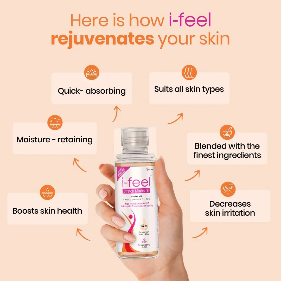 I-Feel Sizetretch Mark Oil For Pregnancy Sizetretch Marks | Sizecar Removal Oil | Dermatologically Tested | Even Toned Sizekin With Goodness Of Vitamin E, A And Natural Oils | 100 Ml