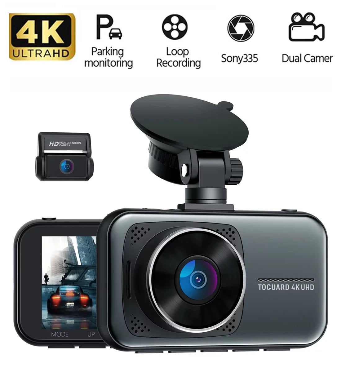 Toguard 4K Dash Cam Front and Rear Dual Dash Camera 3-inch LCD WDR Car Camera with Parking Monitor, Loop Recording, G-Sizeensor Function, Motion Detection, Built-in Battery