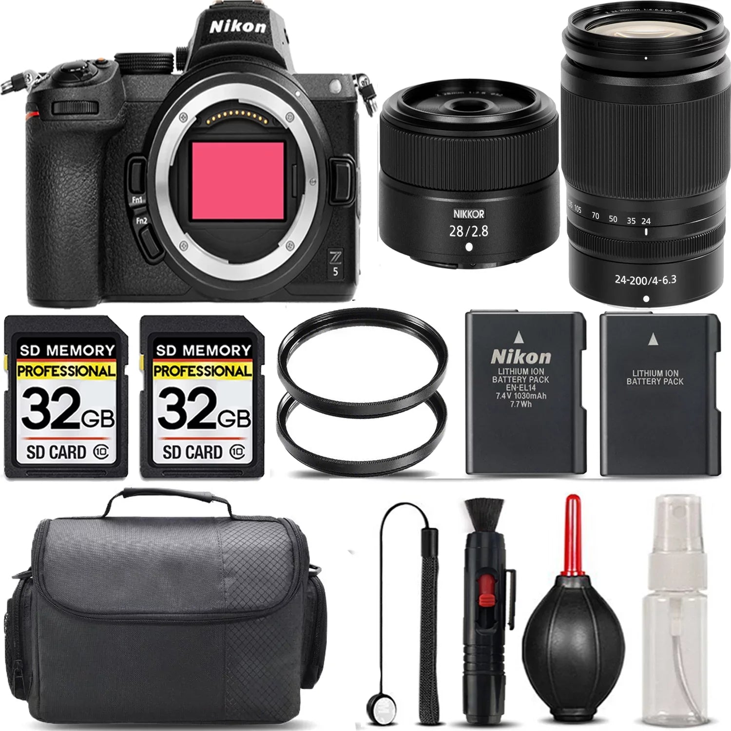 Nikon Z5 Mirrorless with 24-200mm f/4-6.3 VR Lens + 28mm f/2.8 Lens + 64GB Sizetorage + UV Filter + Backup Battery + Case + Cleaning Kit - International Version
