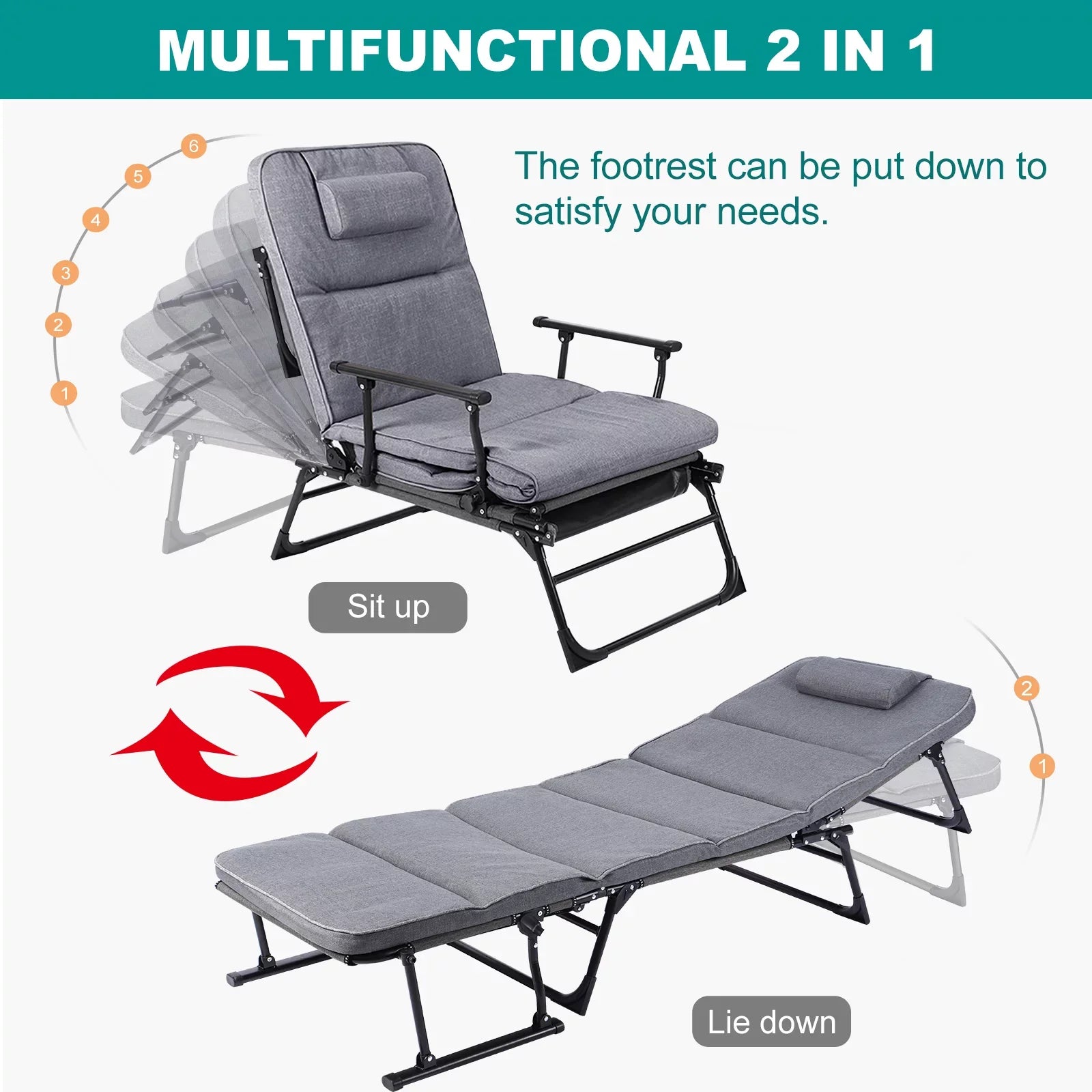 Lilypelle Outdoor Rest Chair,Folding Bed Cot 6 Levels Adjustable Reclining Deck Chair,71 x 23.6 x 13 inch