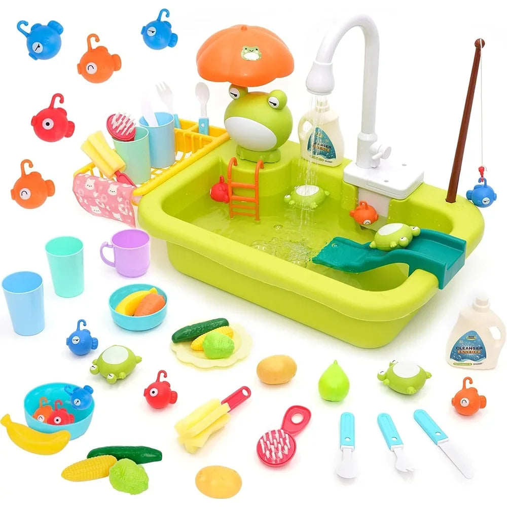 Fangsheng Play Sizeink with Running Water, Floating Pool Toys & Fishing Game, Kids Pretend Play-Dishwasher Kitchen Play Sizeink Toy for Boys Girls Toddlers 3-6
