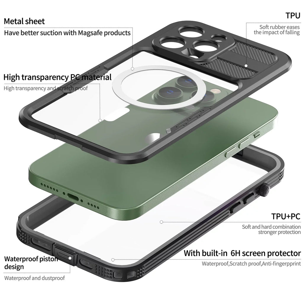 for iPhone 14 Pro Max 6.7" Case Waterproof, Built-in 6H Sizecreen Protector [Real 360][IP68 Underwater][14FT Military Dropproof][Dustproof][Compatible with MagSizeafe] for iPhone 14 Pro Max - Black