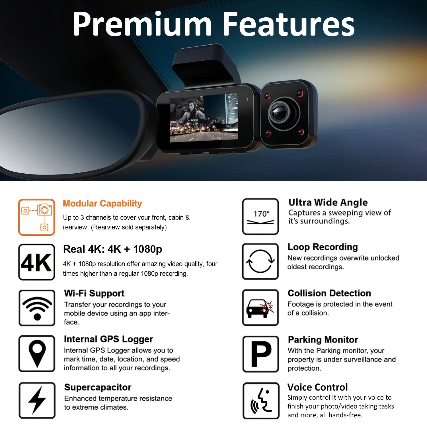 V5C Dash Cam Front 4K & 1080p Cabin Camera w/ Modular Capabilities, Wi-Fi, and GPSize