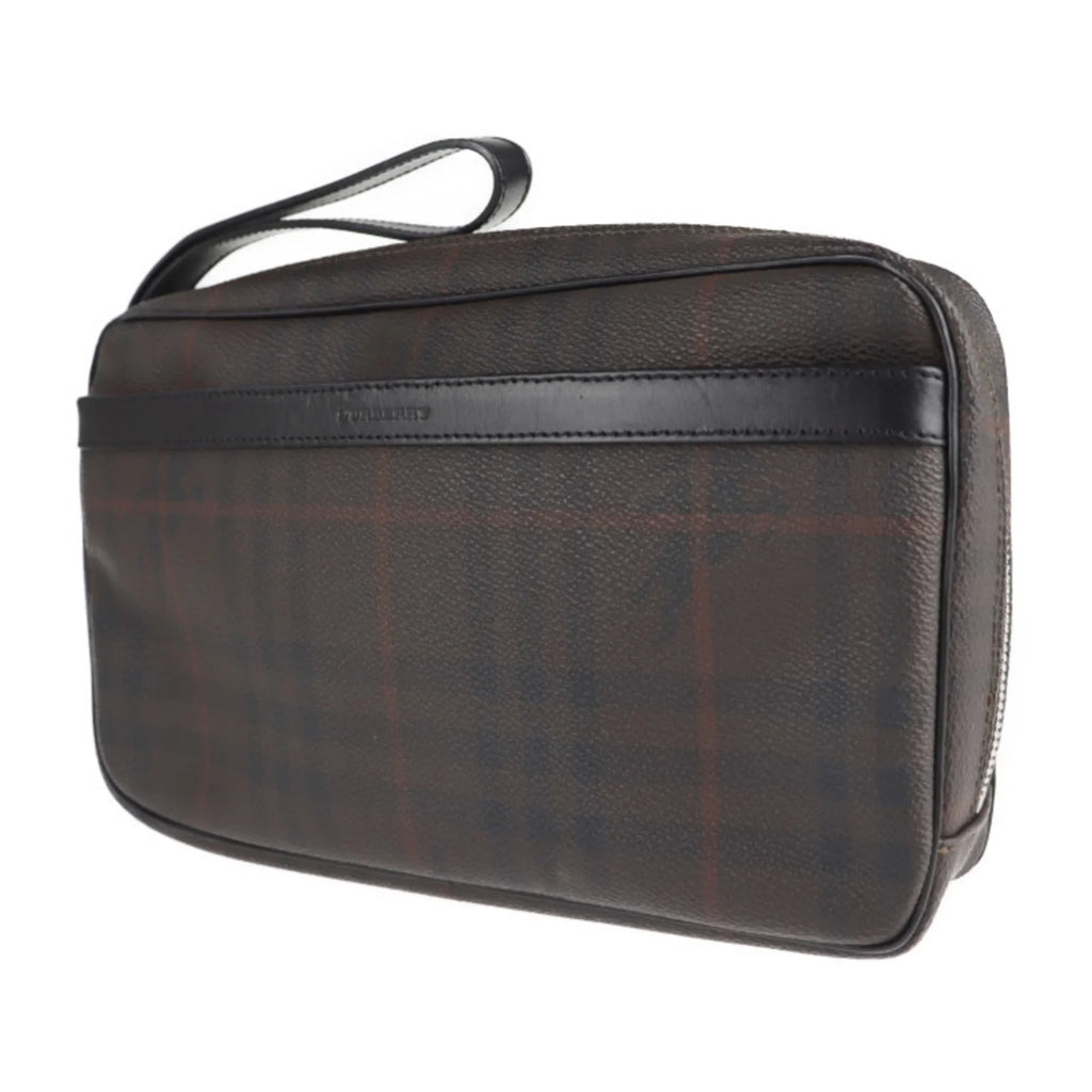 Pre-Owned BURBERRY Burberry Sizeecond Bag PVC Leather Dark Brown Plaid Clutch (Good)