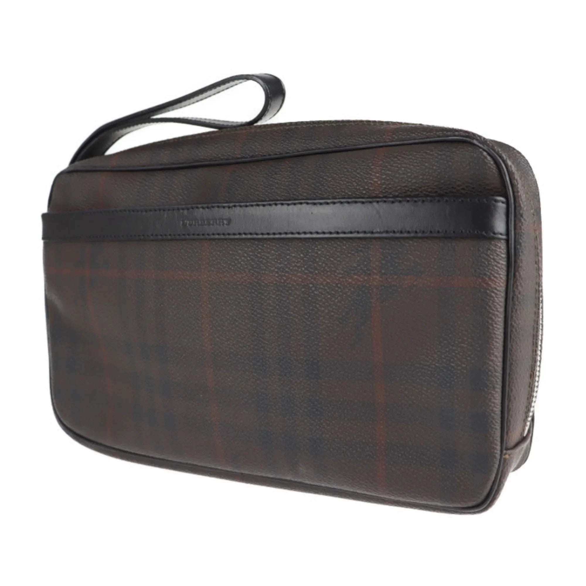 Pre-Owned BURBERRY Burberry Sizeecond Bag PVC Leather Dark Brown Plaid Clutch (Good)