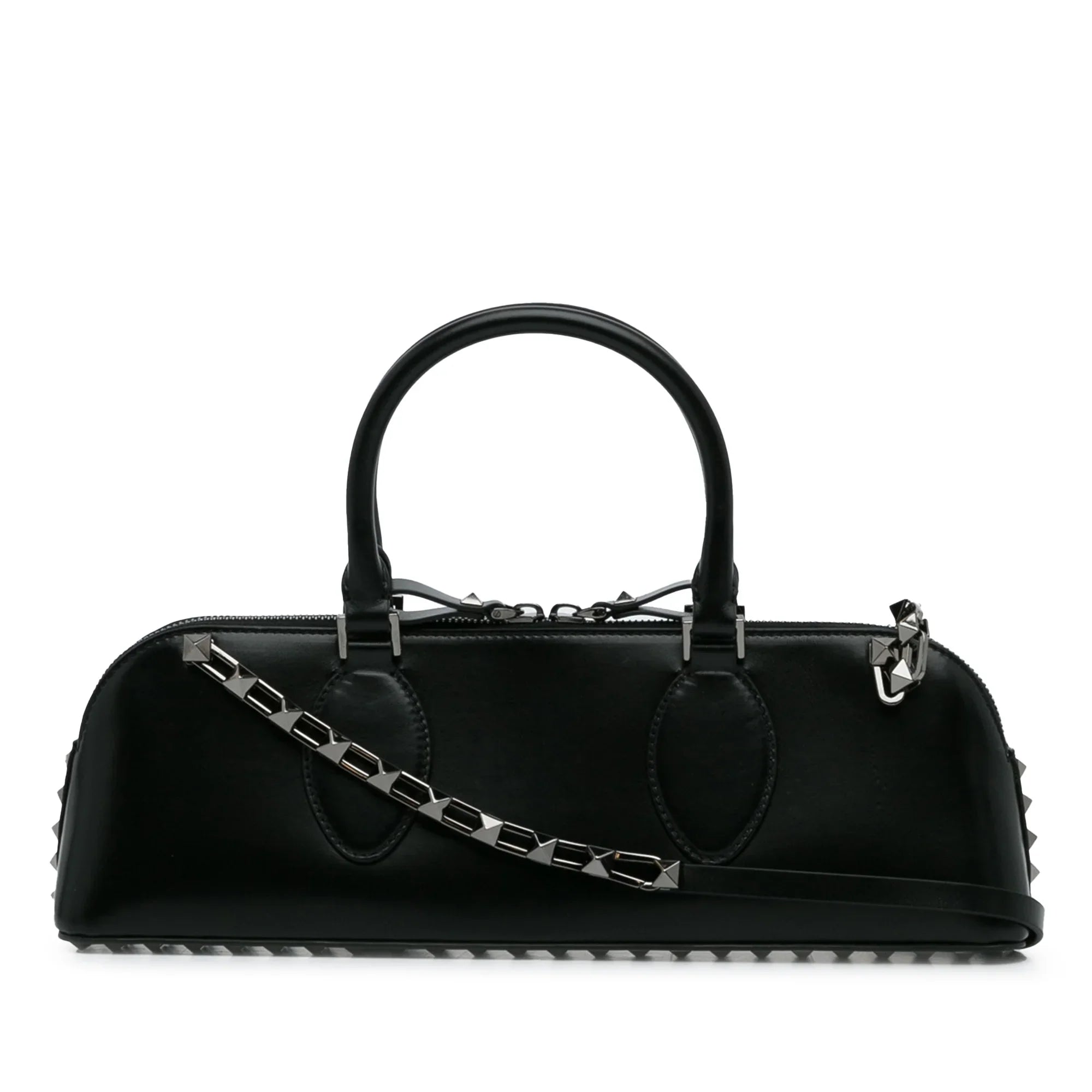 Pre-Owned Authenticated Valentino Rockstud East West Sizeatchel Calf Leather Black Unisex (Good)