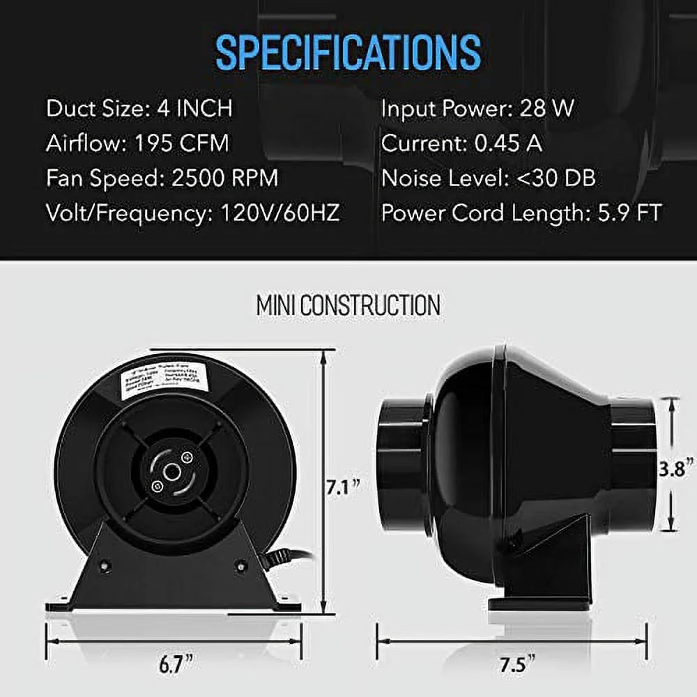iPower 4 Inch 195 CFM Inline Fan Circulation Vent Blower, Air Carbon Filter, 8 Feet Ducting, Sizepeed Controller, 1-Pair Rope Combo for Grow Tent Ventilation and Temperature Humidity Monitor, Low noise