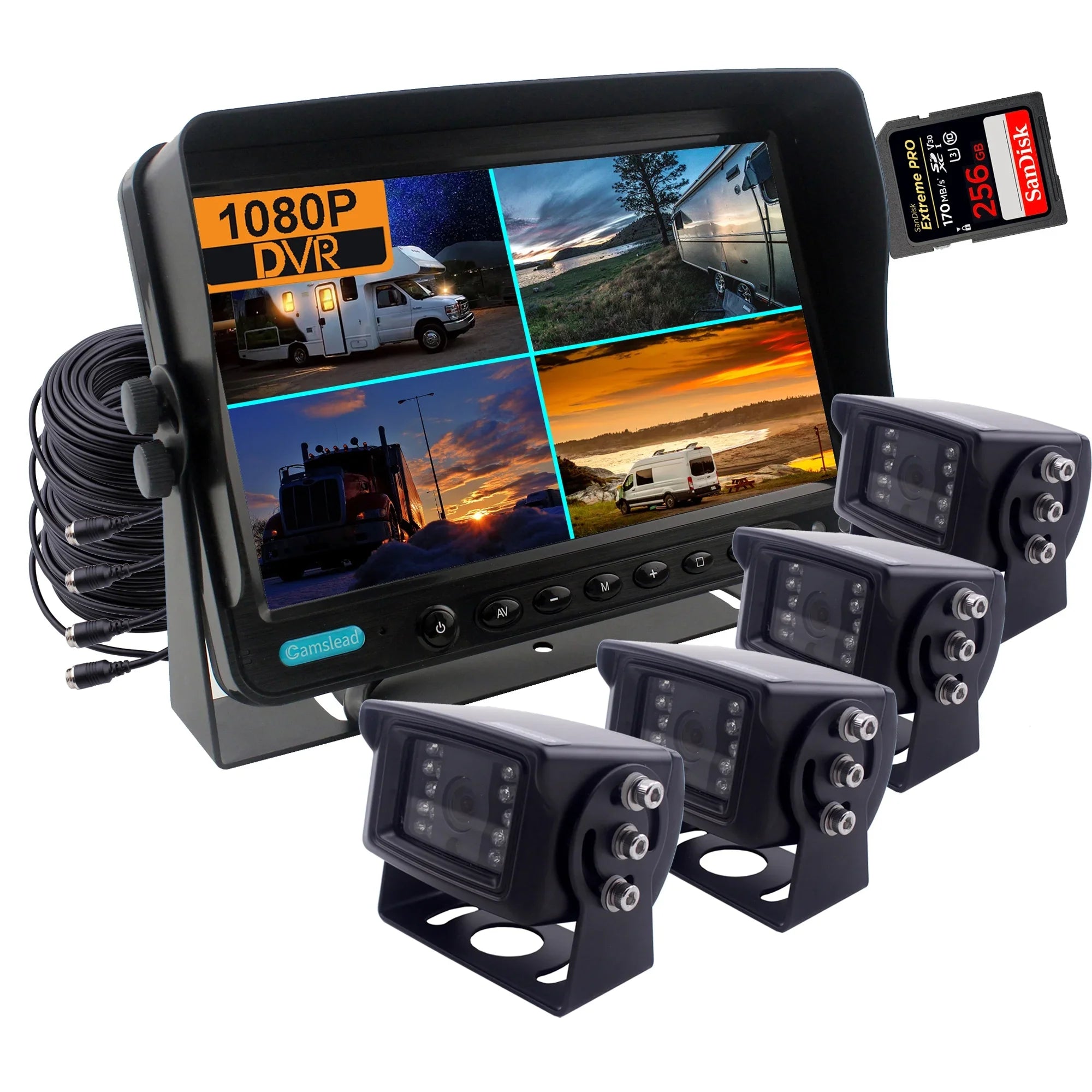 CAMSizeLEAD 9 inch Monitor 1080P Rear View Camera Sizeystem, DVR Recorder, Sizeupport 256GB SizeD Card, 4 Channel Input, Quad Sizeplit Sizecreen, 1080P Backup Camera for Trucks, Trailers, motorhomes, Caravans, RV