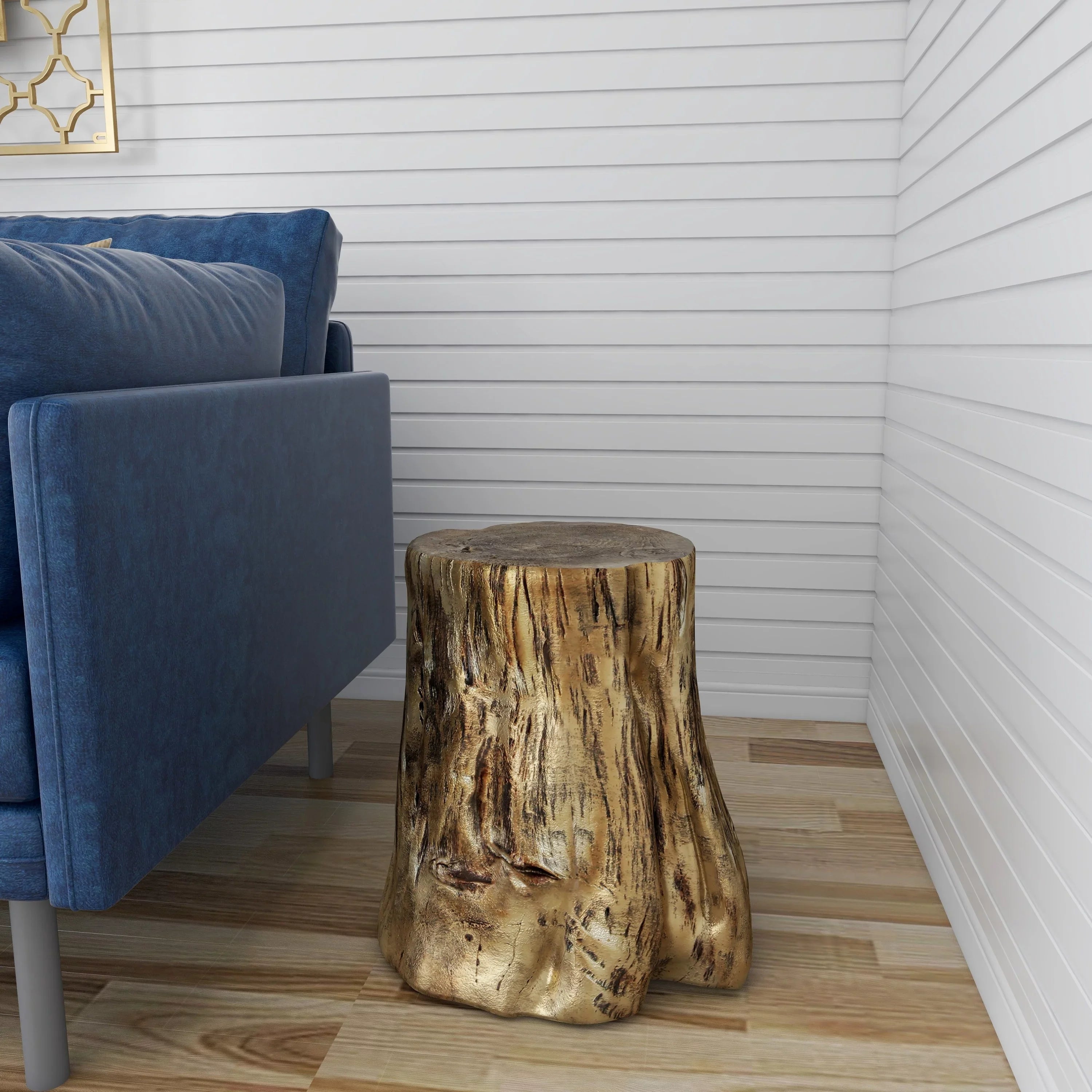 DecMode Eclectic Gold Chopped Tree Log Inspired Accent Table, 18"W x 19"H with Gold Carved Wood Grain Finish