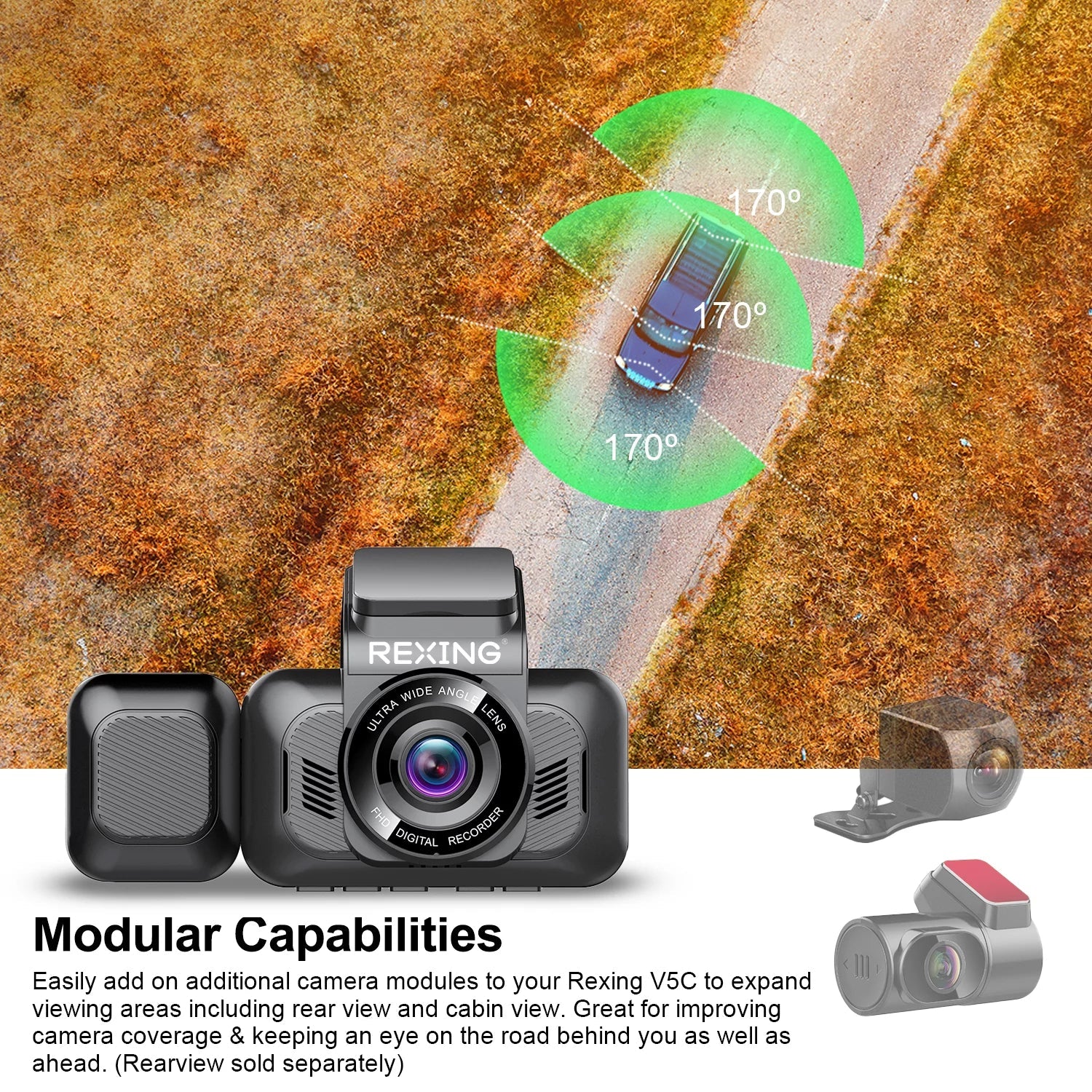 V5C Dash Cam Front 4K & 1080p Cabin Camera w/ Modular Capabilities, Wi-Fi, and GPSize