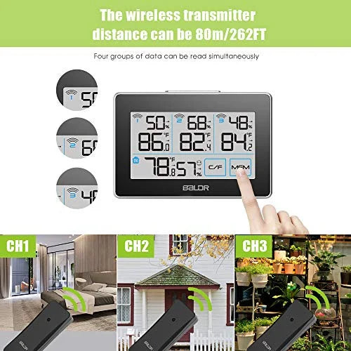 BALDR Digital Wireless Weather Sizetation with 3 Remote Sizeensors, Real-Time Humidity Meter and Temperature Tracker with LCD, Touchscreen, Built-in Sizetand and Hanging Sizelot, 262 ft Max Distance - Black