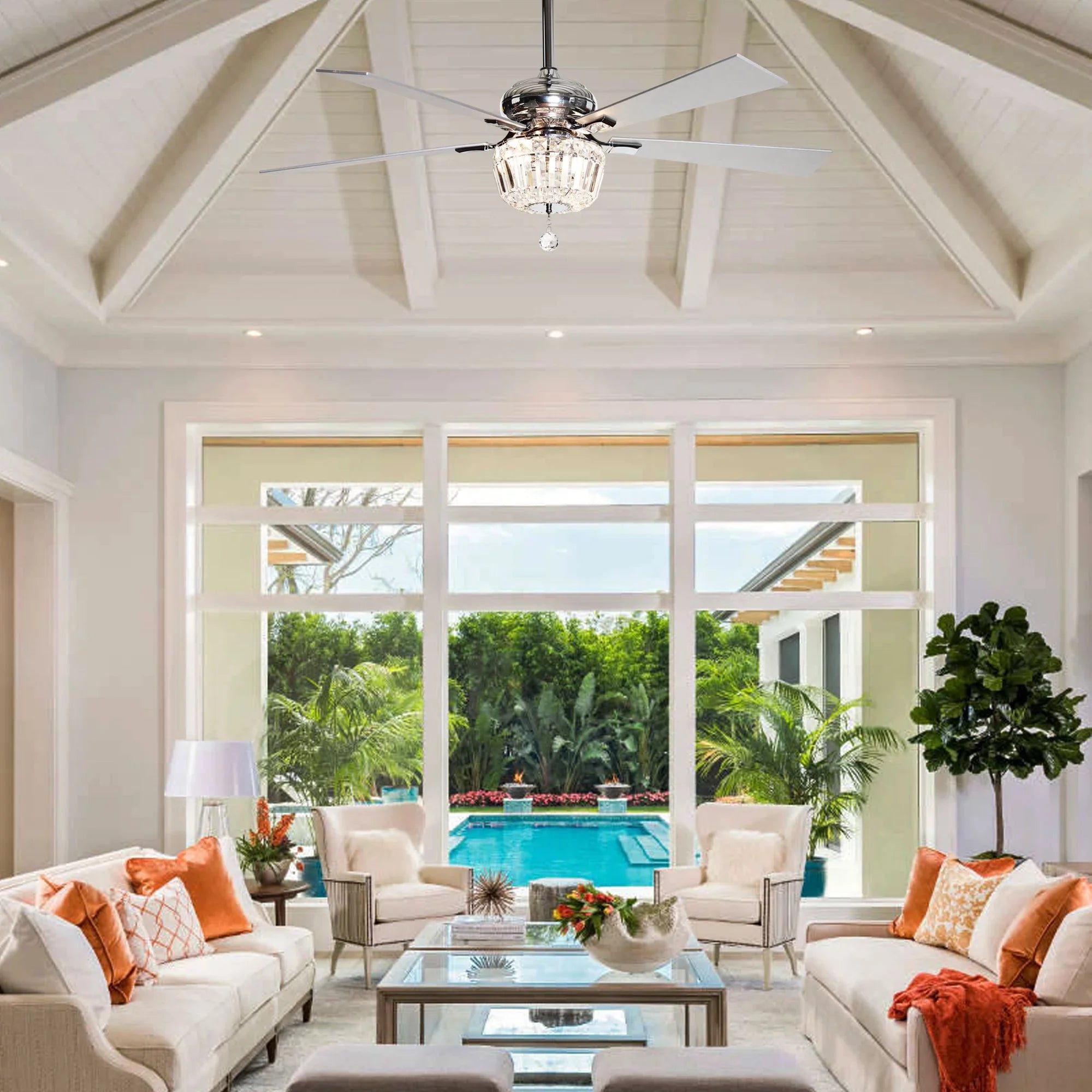 Parrot Uncle Ceiling Fan with Light and Remote Brushed Nickel and Crystal Ceiling Fan 48 Inches Modern Chandelier Ceiling Fan with Reverse 5 Blades, 2 Bulb Not Included