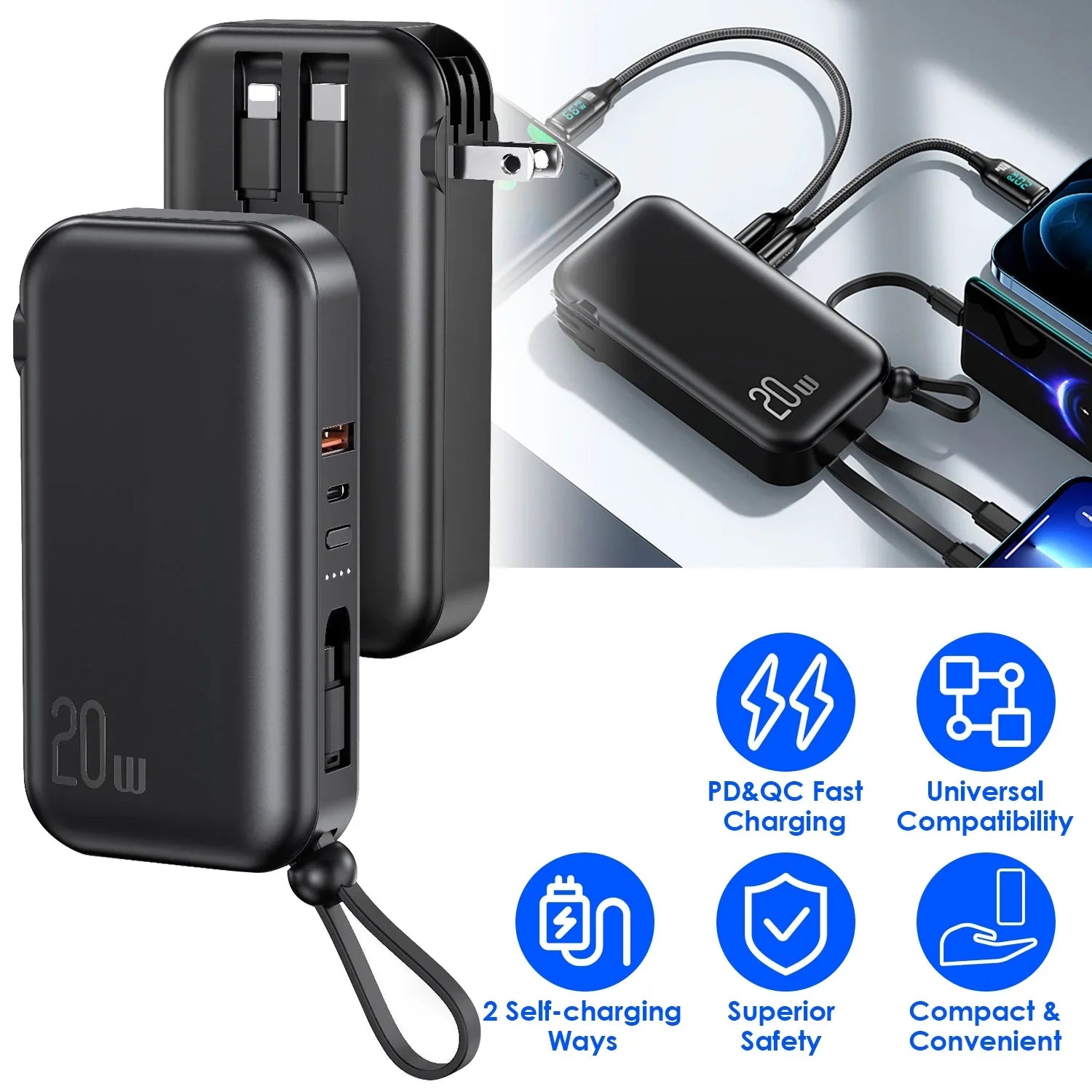 10000mAh iMounTEK Portable Charger 3 Inbuilt CablesType-C/LT/Micro-USizeB PD20W QC18W Fast Charging 5 Outputs External Battery Pack Fit For IOSizePhone 14 Android