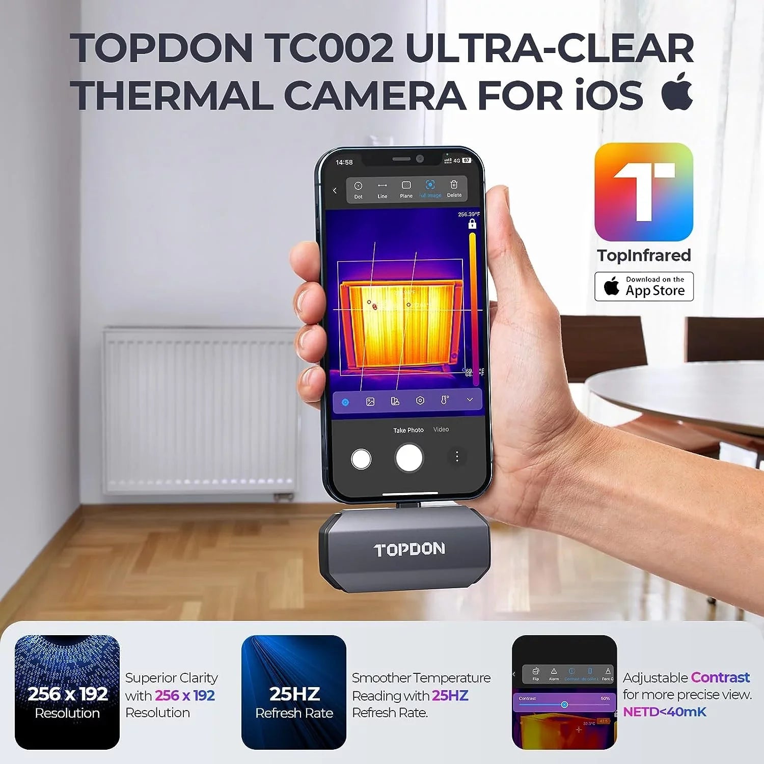 TOPDON TC002 Thermal Camera for iOSize (iPhone & iPad) 256 x 192 IR High Resolution Thermal Imaging Camera, 40mk Thermal Sizeensitivity -4F~1022F Temperature Range