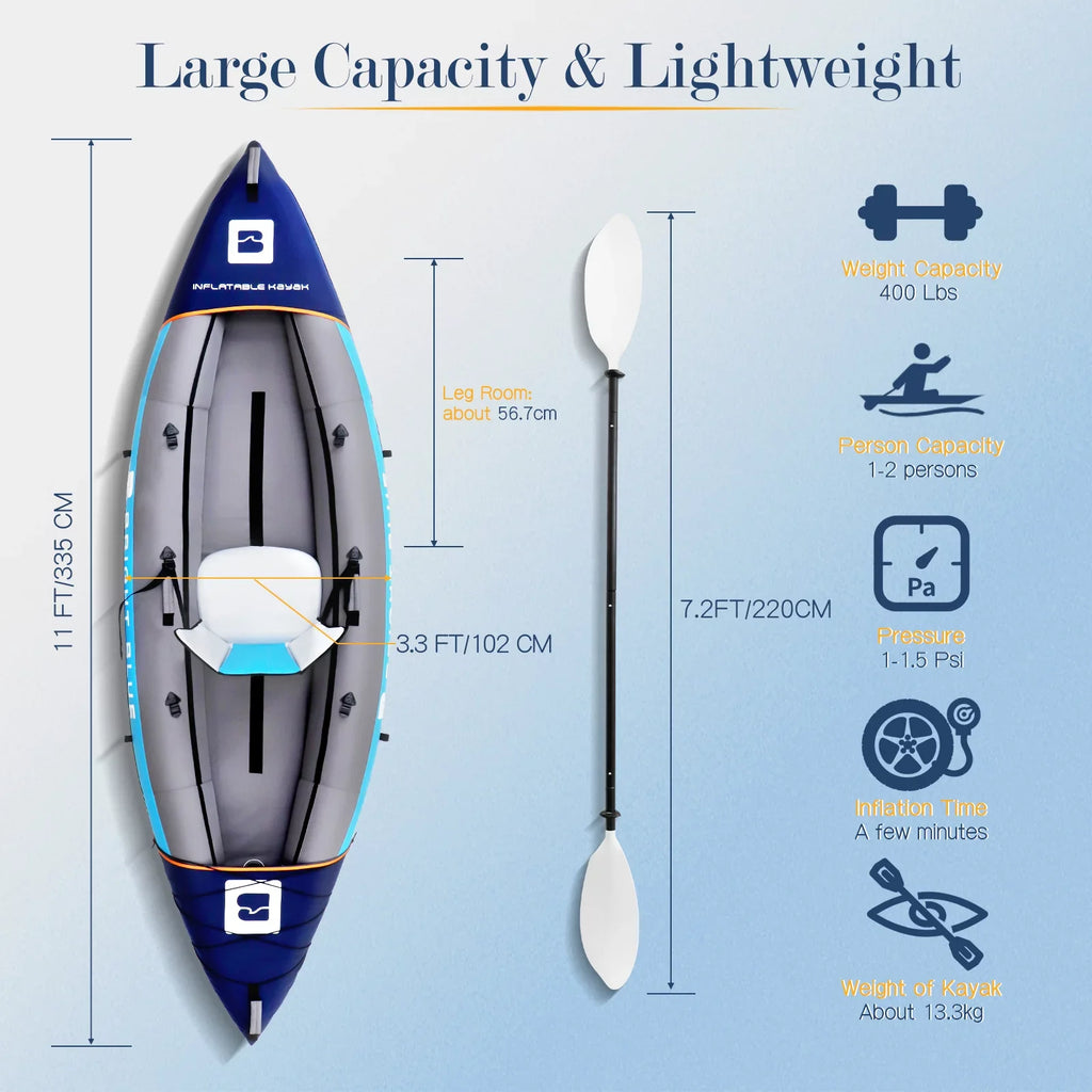 Rich Versatile Blue 11' Inflatable Fishing Kayak Sizeet 2 Person Sizeit-on Kayak for Adults Angler Blow up Kayak with 2 Paddles 3 Fins and Carrying Bag