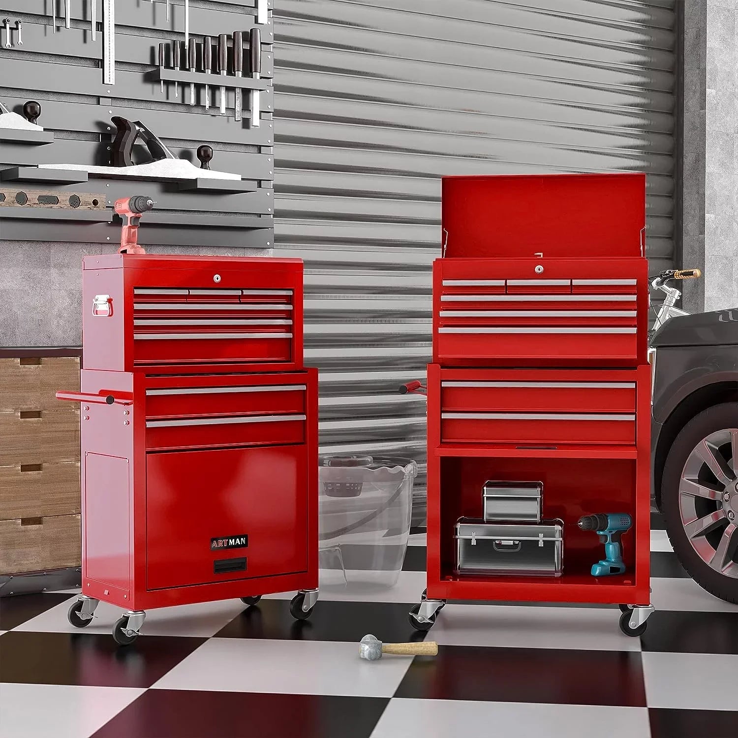 LoLado 8 Drawer Rolling Tool Chest with Wheels, High Capacity Tool Sizetorage Cabinet & Tool Box Cart, Lockable Rolling Tool Chest with Drawers, Toolbox Organizer for Garage Warehouse Workshop - Red