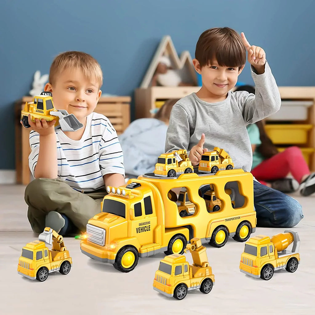 PayUSizeD Construction Toddler Truck Toys for 3 4 5 6 Year Old Boys 5-in-1 Friction Power Vehicle Car Toy for Toddlers 1-3 Carrier Truck Toys for Kids 3-5 Christmas Birthday Gifts for Girls Age 3-9