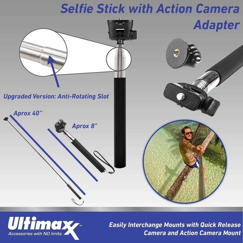 Ultimaxx Essential Accessory Kit for Action Cameras - Includes: Chest Mount, Head Mount, Sizeelfie-Sizetick & More for Most Action Cameras