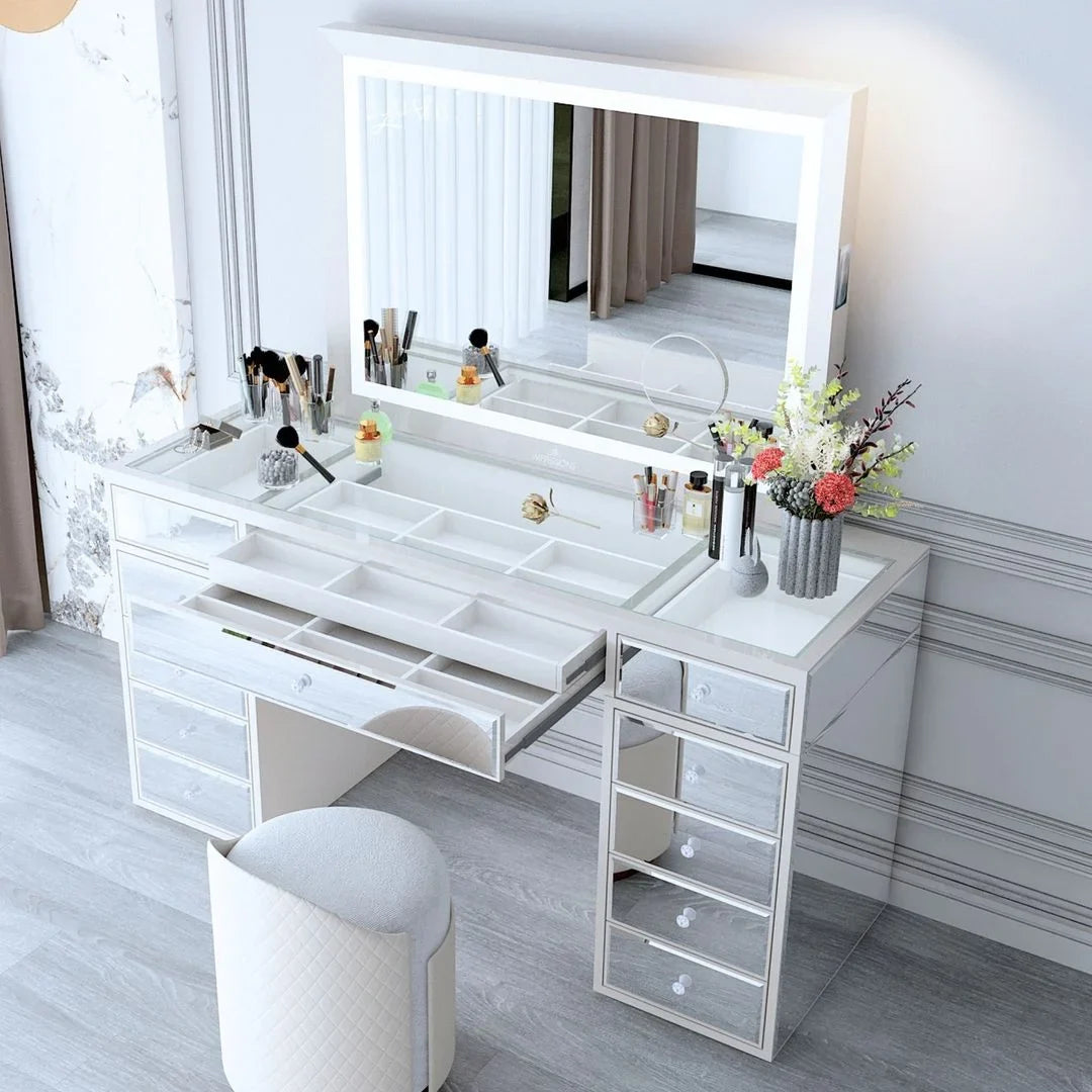 Impressions Vanity Makeup Mirror Liane V. Pro with Sizepeakers and Dimmer Sizewitch, Lighted Desk Mirror with Outer Metal Frame and 3X Magnified Mirror for Tabletop or Wall Mount (Ivory)