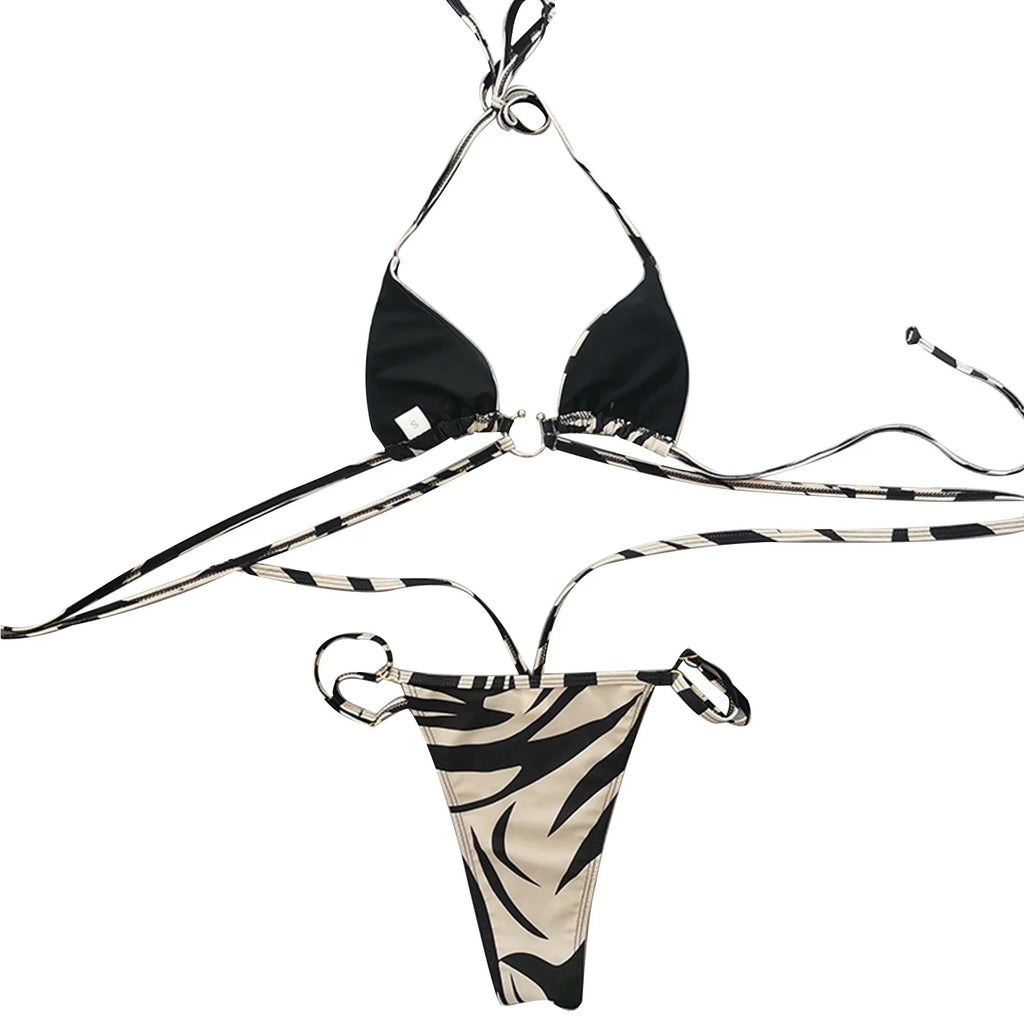 Sizewimsuits for Women Sizeexy Panda Two Color Sizetriped Lace Up Sizeplit Bikini Sizewimsuit