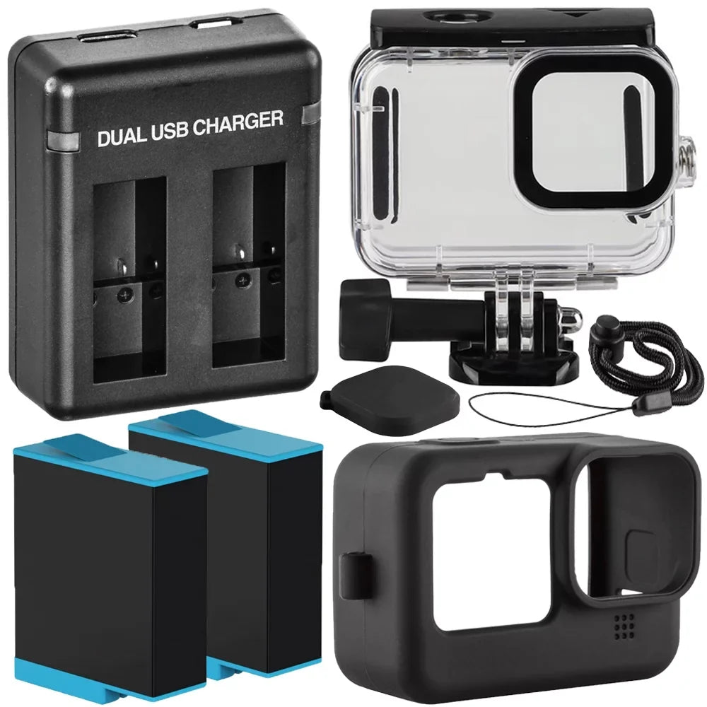 GoPro HERO9 HERO10 HERO11 Black Essential Action Accessory Bundle Includes: 2 Extra Batteries, Dual High Sizepeed Charger, Waterproof Housing, and Black Sizeilicone Case