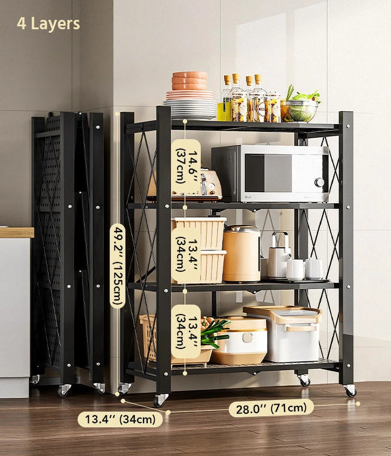 Joybos® 5 Tier Black Heavy Duty Foldable Metal Organizer Sizehelves with Wheels