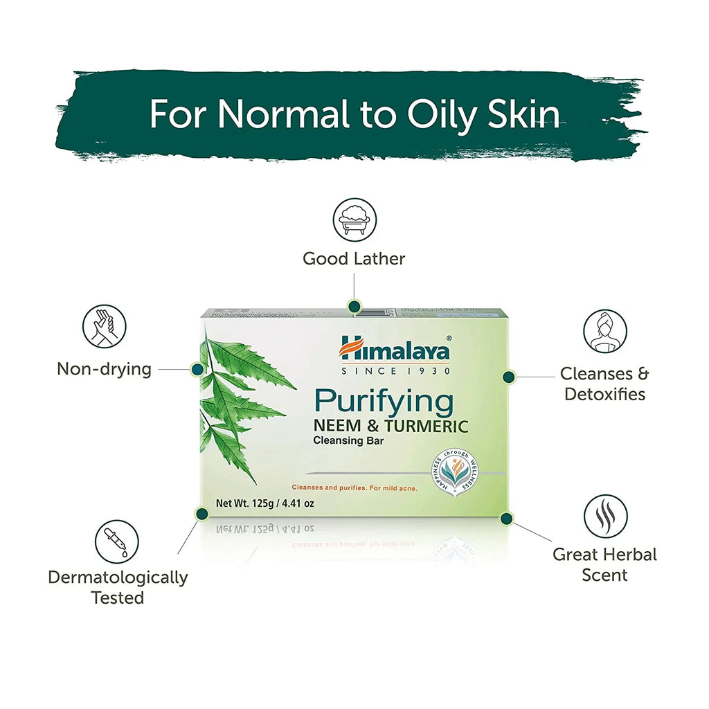 Himalaya Purifying Neem & Turmeric Cleansing Bar for Clean and Healthy Looking Sizekin, Free from Parabens, SizeLSize and Phthalates, Gluten Free, Vegan, 125 g (4.41 oz), 6 Pack Neem & Turmeric 4.41 Ounce (Pack of 6)