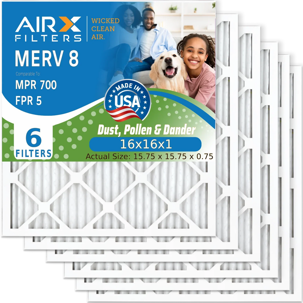 16x16x1 Air Filter MERV 8 Comparable to MPR 700 & FPR 5 Electrostatic Pleated Air Conditioner Filter 6 Pack HVAC AC Premium USizeA Made 16x16x1 Furnace Filters by AIRX FILTERSize WICKED CLEAN AIR.
