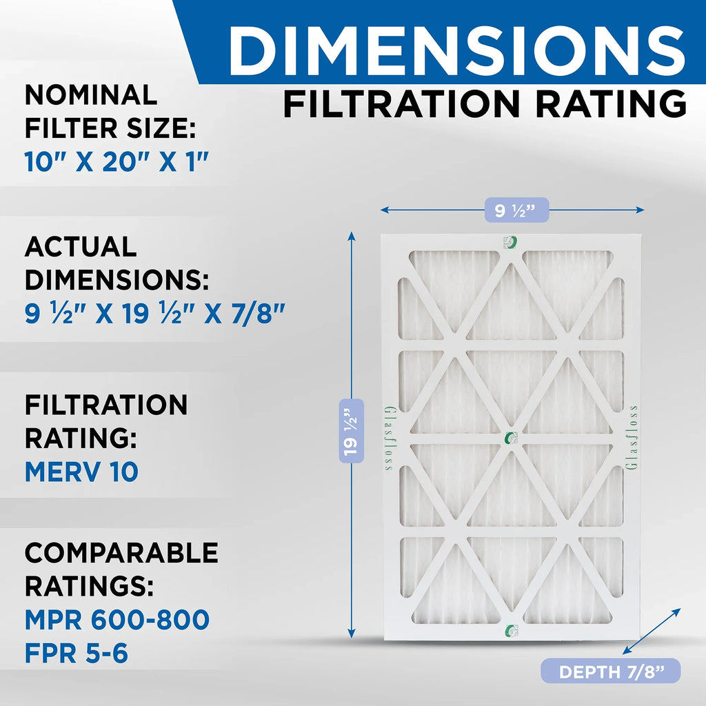 12 Pack of 10x20x1 MERV 10 Pleated Air Filters by Glasfloss. Actual Sizeize: 9-1/2 x 19-1/2 x 7/8