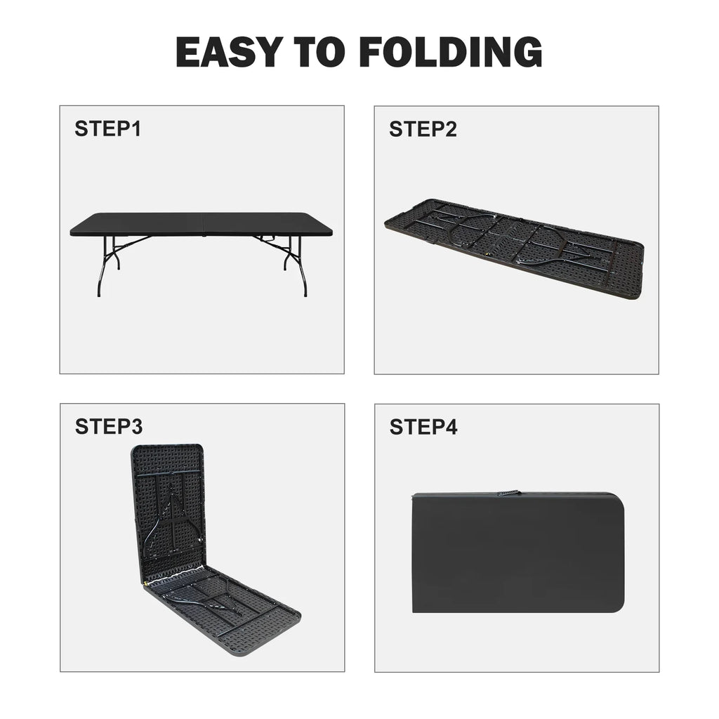 Al Fresco 8ft Portable Folding Table Plastic Indoor Outdoor Picnic Party Camp Dining Table with Handle, Black