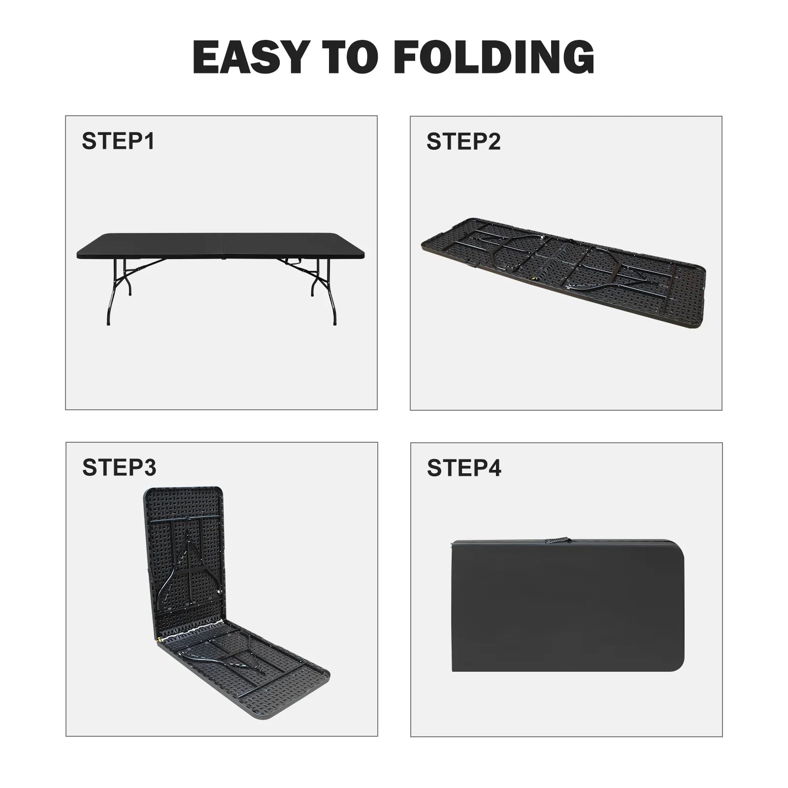Al Fresco 8ft Portable Folding Table Plastic Indoor Outdoor Picnic Party Camp Dining Table with Handle, Black