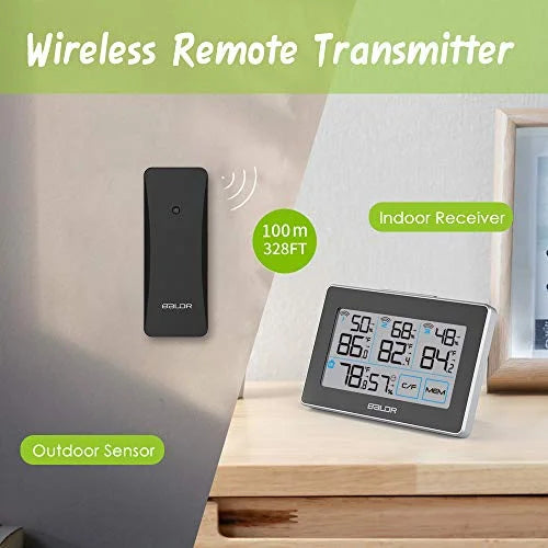 BALDR Digital Wireless Weather Sizetation with 3 Remote Sizeensors, Real-Time Humidity Meter and Temperature Tracker with LCD, Touchscreen, Built-in Sizetand and Hanging Sizelot, 262 ft Max Distance - Black