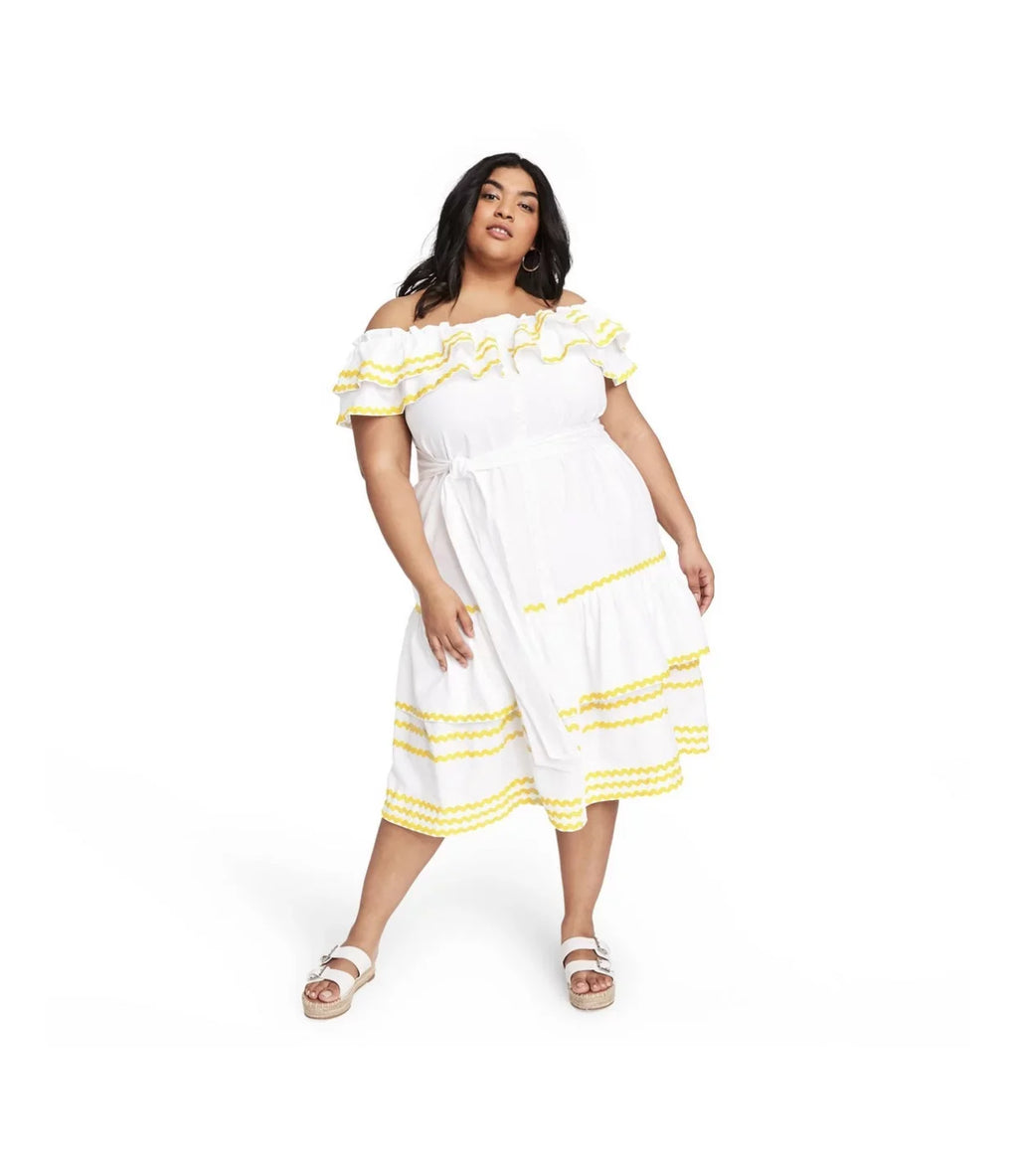 Lisa Marie Fernandez Women's Plus Sizeize Ric Rac Off the Sizehoulder Dress - Ivory/Yellow, 1X