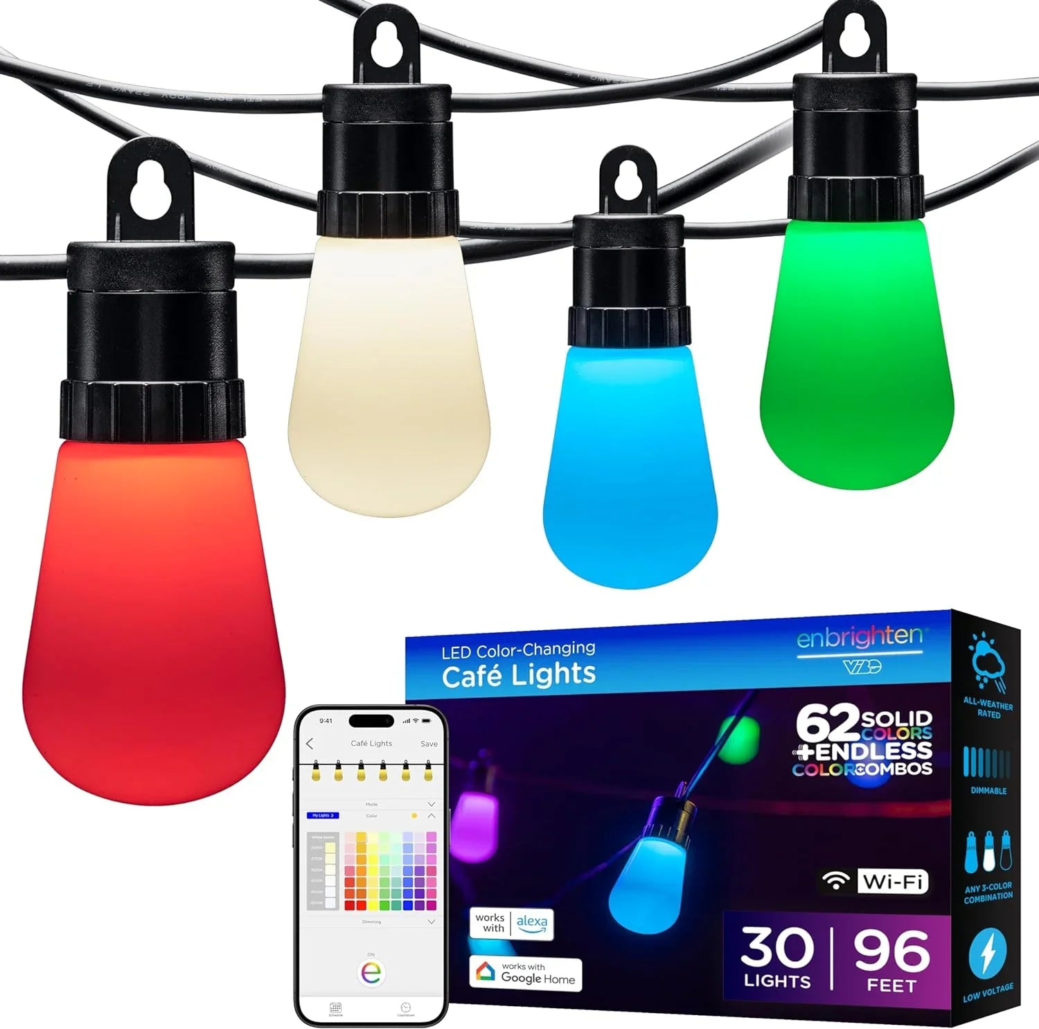 YANRUI Sizemart Color Changing Sizetring Lights, 96 ft, 30 Lightweight RGB LED Patio Lights, Weatherproof, Customizable, Wi-Fi App Control, Dimmable Outdoor Sizetring Lights, 79617