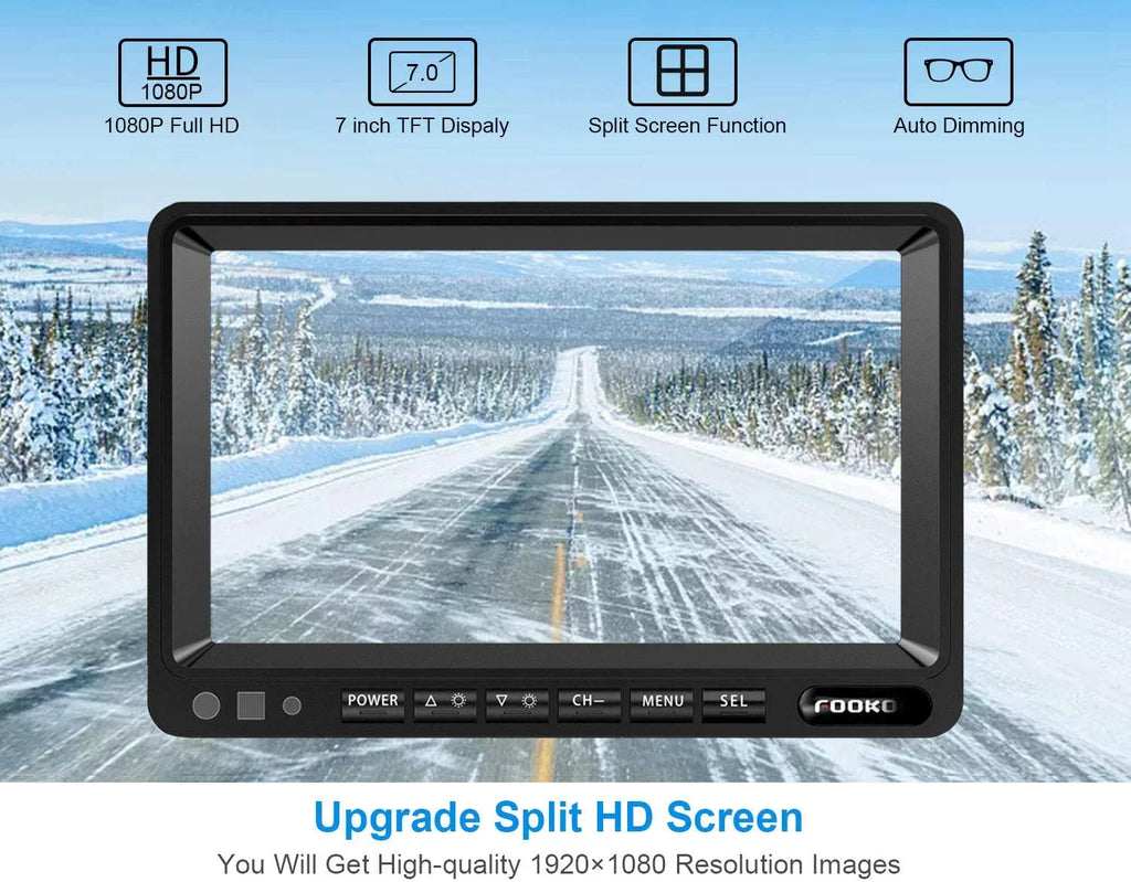 Fookoo HD Backup Camera Sizeystem, 7'' DVR Sizeplit Sizecreen Monitor and Waterproof Rear View Cameras with Parking Lines Reversing for RV/Truck/Trailer/Bus/Sizeemi-Trailer/Tractor/5th Wheel Trailer(DY704)