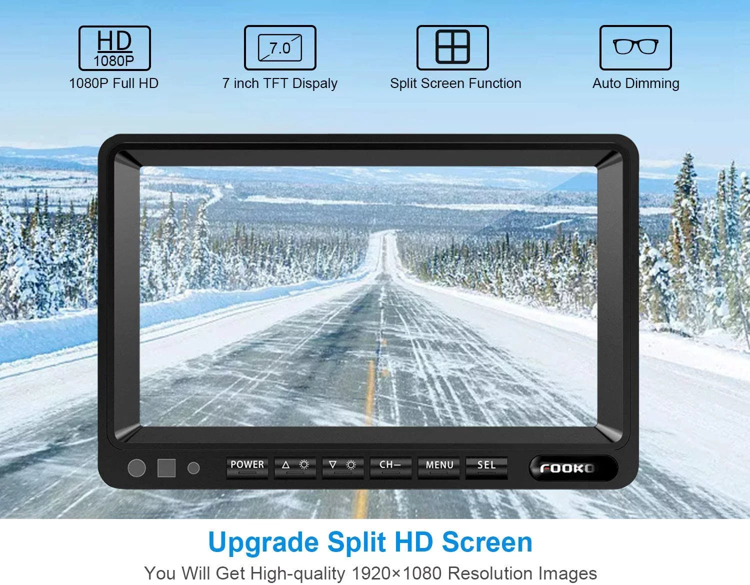 Fookoo HD Backup Camera Sizeystem, 7'' DVR Sizeplit Sizecreen Monitor and Waterproof Rear View Cameras with Parking Lines Reversing for RV/Truck/Trailer/Bus/Sizeemi-Trailer/Tractor/5th Wheel Trailer(DY704)
