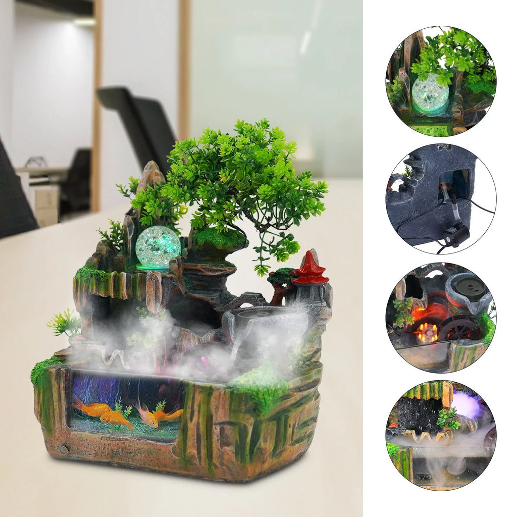 Classical Rockery Fountain with Led Lamp Glass Ball for Indoor Decor + Atomizer