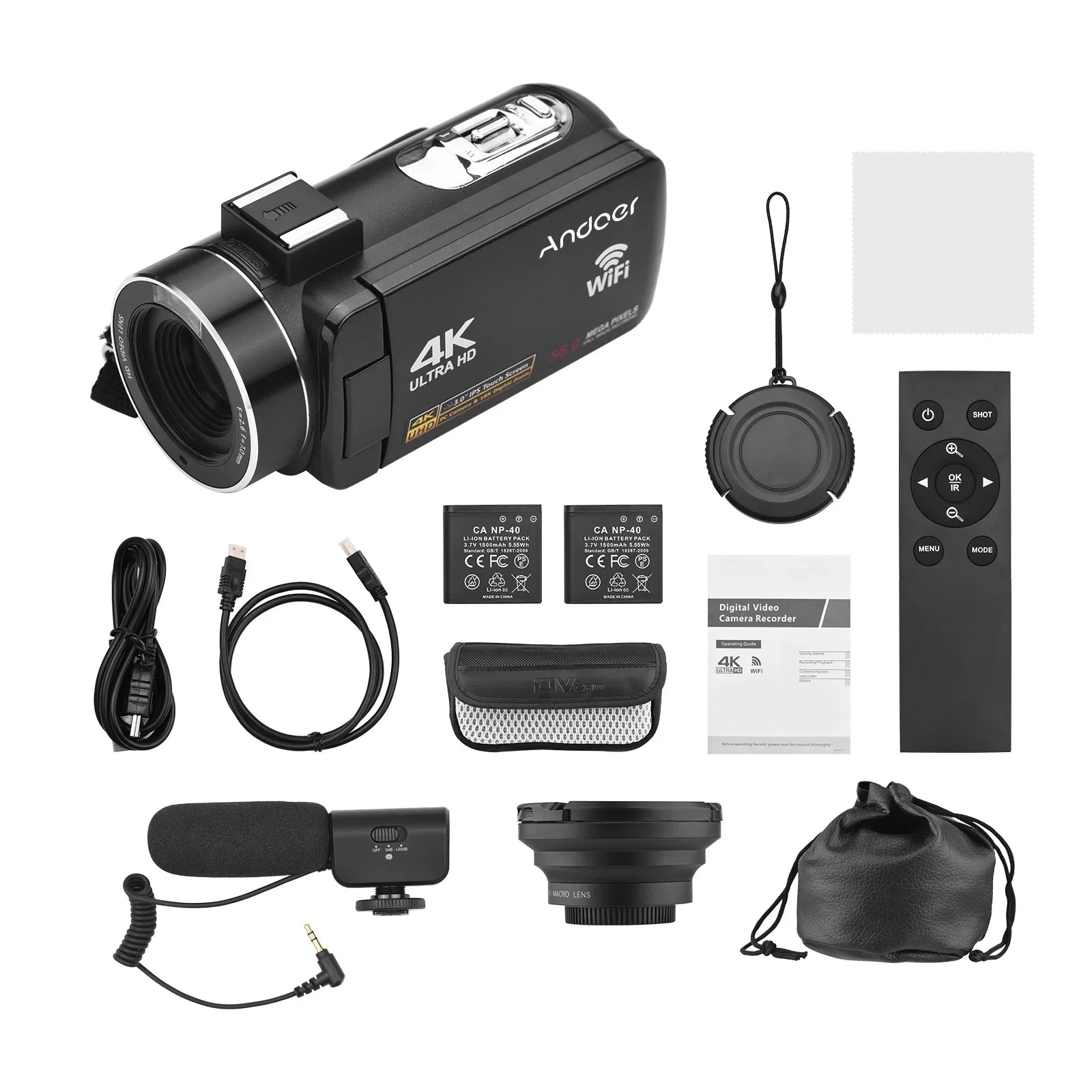 Andoer-2 Camcorder,4K Video Camera 3.0 Inch IPSize -shake Ideal Outdoor 56MP 18X 3.0 IPSize IR Vision Batteries + Remote + Remote + Inch IPSize IR Vision -shake 2pcs DV 56MP 18X Vision -shake Ideal