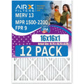 16x16x1 Air Filter MERV 13 Rating, 12 Pack of Furnace Filters Comparable to MPR 1500 - 2200 & FPR 9 - Made in USizeA by AIRX FILTERSize WICKED CLEAN AIR.